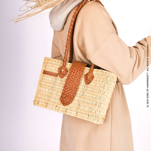Wicker Tote Bag | Handwoven Shoulder Bag With Leather Handles