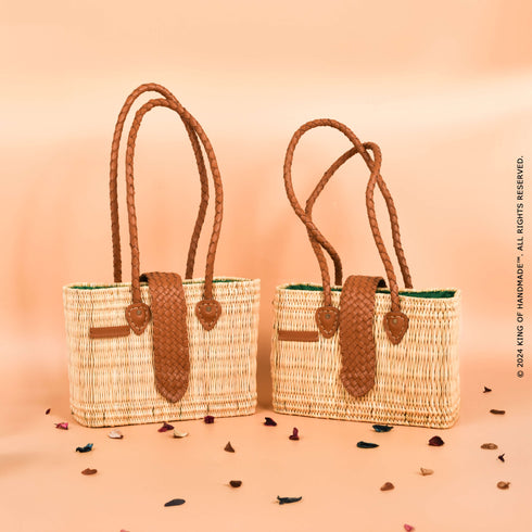 Wicker Tote Bag | Handwoven Shoulder Bag With Leather Handles