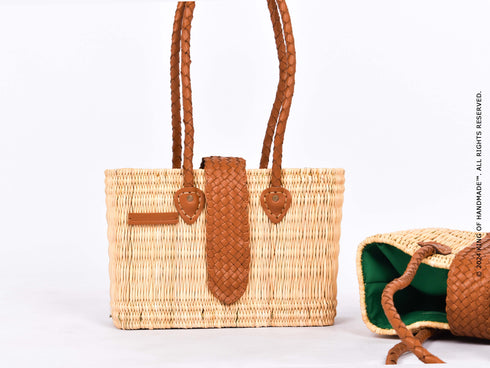 Wicker Tote Bag | Handwoven Shoulder Bag With Leather Handles