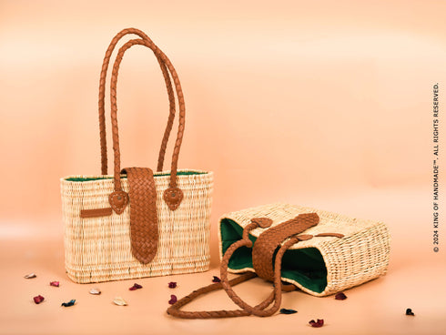 Wicker Tote Bag | Handwoven Shoulder Bag With Leather Handles