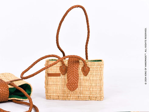 Wicker Tote Bag | Handwoven Shoulder Bag With Leather Handles