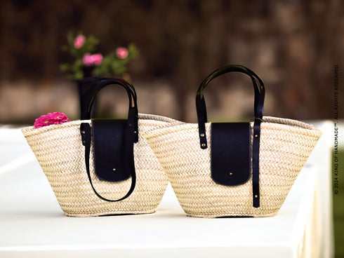 Moroccan Market Picnic Basket | Beach Tote Bag With Black Leather