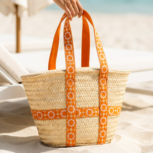 Moroccan Orange Brocade Ribbon Beach Bag | Handwoven Wicker Summer Tote 🧡