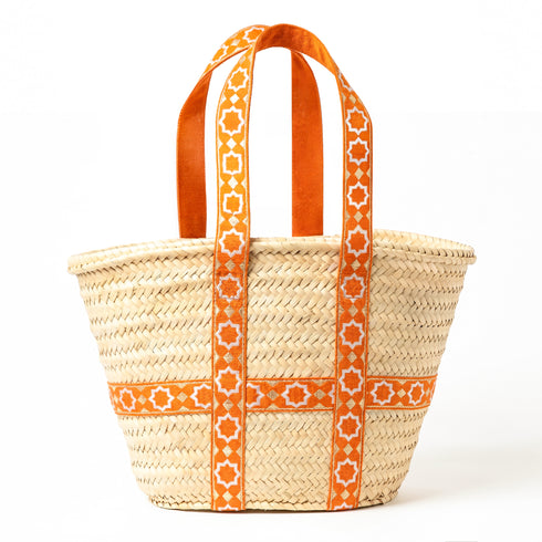 Moroccan Orange Brocade Ribbon Beach Bag | Handwoven Wicker Summer Tote 🧡