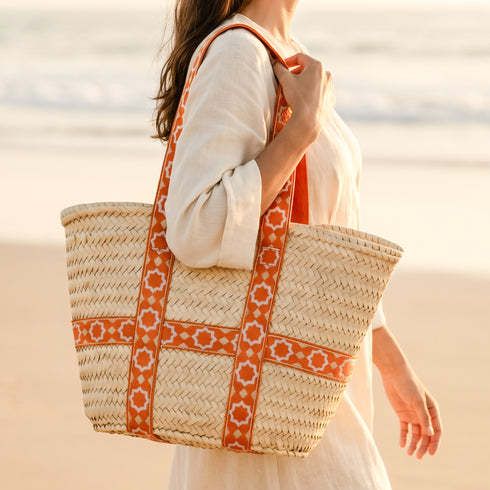 Moroccan Orange Brocade Ribbon Beach Bag | Handwoven Wicker Summer Tote 🧡