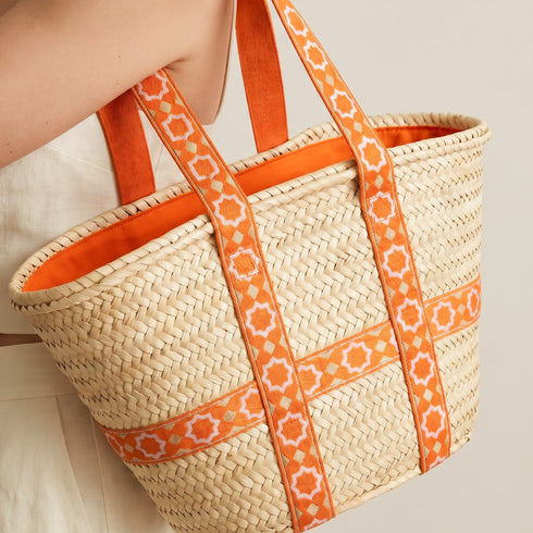 Moroccan Orange Brocade Ribbon Beach Bag | Handwoven Wicker Summer Tote 🧡