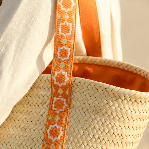 Moroccan Orange Brocade Ribbon Beach Bag | Handwoven Wicker Summer Tote 🧡