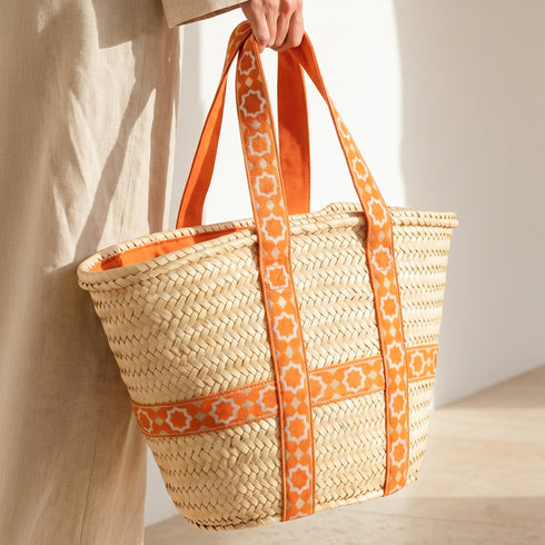 Moroccan Orange Brocade Ribbon Beach Bag | Handwoven Wicker Summer Tote 🧡