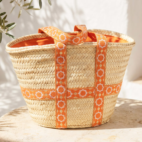 Moroccan Orange Brocade Ribbon Beach Bag | Handwoven Wicker Summer Tote 🧡