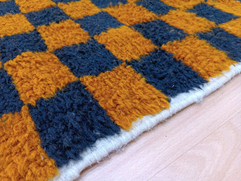 Moroccan Orange & Black Checkered Rug - Beni Ourain Style