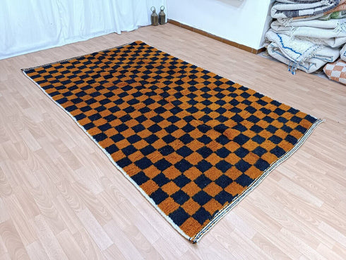 Moroccan Orange & Black Checkered Rug - Beni Ourain Style