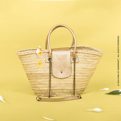 Straw Beach Bag Faux Leather Handle | Tote Handbag French Basket Brass Strap