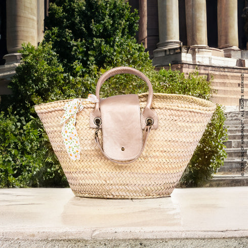 Straw Beach Bag Faux Leather Handle | Tote Handbag French Basket Brass Strap