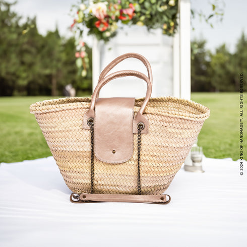 Straw Beach Bag Faux Leather Handle | Tote Handbag French Basket Brass Strap