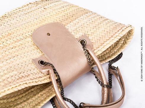 Straw Beach Bag Faux Leather Handle | Tote Handbag French Basket Brass Strap