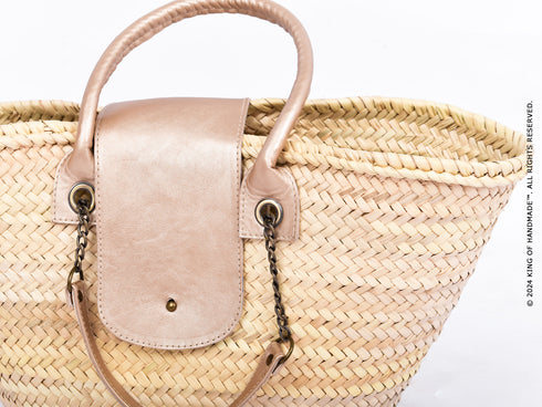 Straw Beach Bag Faux Leather Handle | Tote Handbag French Basket Brass Strap