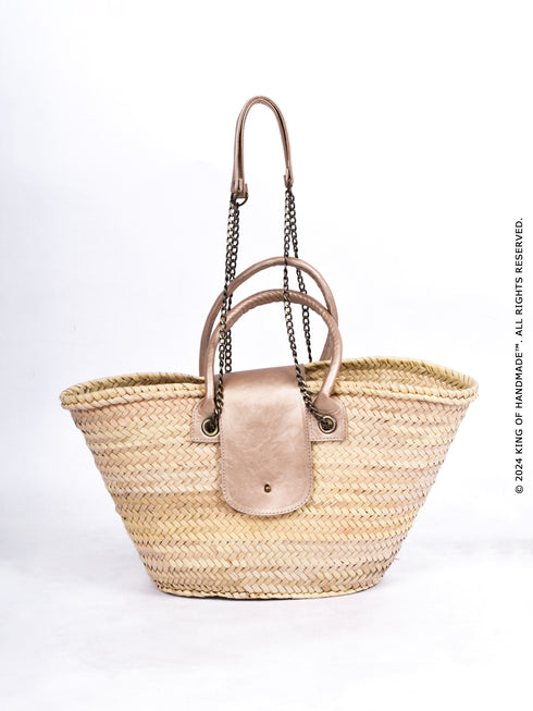 Straw Beach Bag Faux Leather Handle | Tote Handbag French Basket Brass Strap