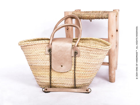 Straw Beach Bag Faux Leather Handle | Tote Handbag French Basket Brass Strap