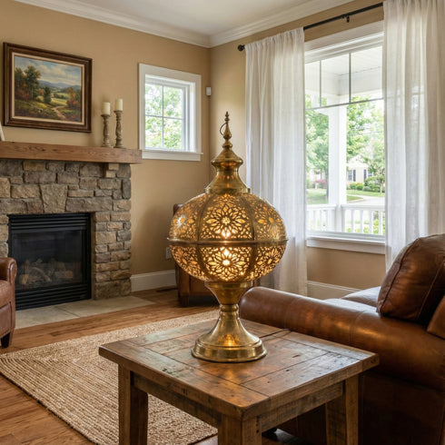 Moroccan Brass Table Lamp - Handcrafted Decorative Lantern