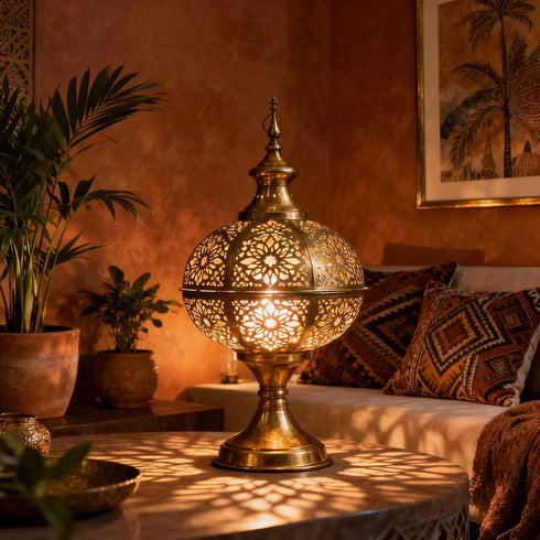 Moroccan Brass Table Lamp - Handcrafted Decorative Lantern