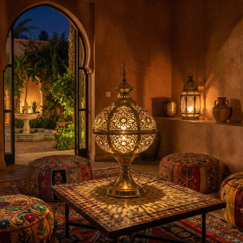 Moroccan Brass Table Lamp - Handcrafted Decorative Lantern