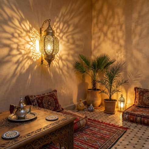 Moroccan Brass Wall Sconce - Handcrafted Shadow Lamp
