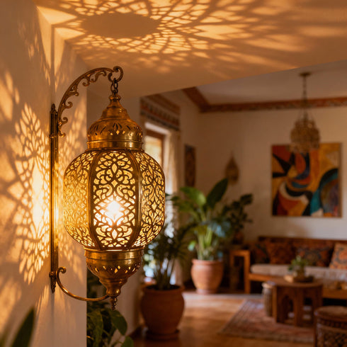 Moroccan Brass Wall Sconce - Handcrafted Shadow Lamp