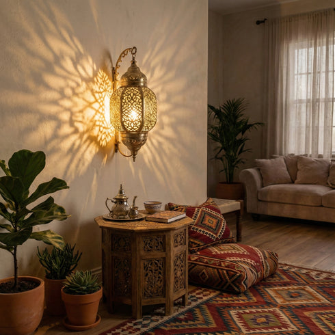 Moroccan Brass Wall Sconce - Handcrafted Shadow Lamp