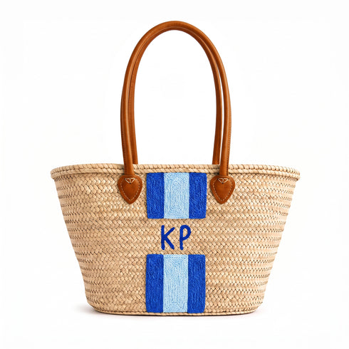 Personalized Blue Stripe Straw Beach Bag