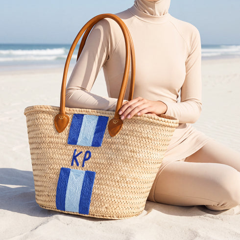 Personalized Blue Stripe Straw Beach Bag