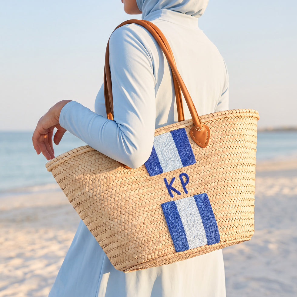 Personalized Blue Stripe Straw Beach Bag