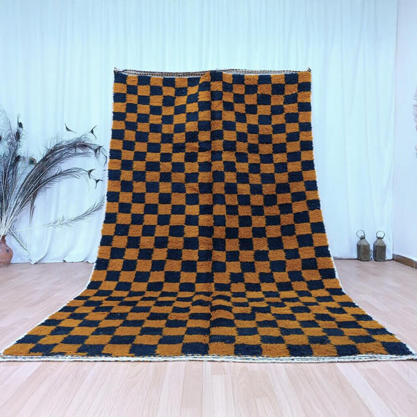 Beni Ourain Rug – Brown & Navy Plush Checkered Wool Area Rug