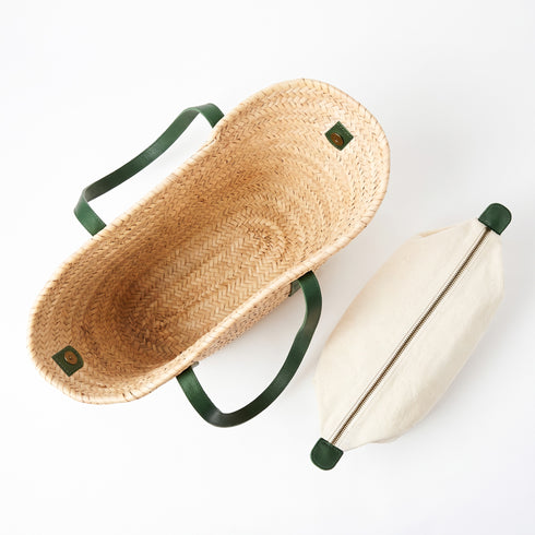 Moroccan Ribbon Green Leather Beach Bag | Large Woven Straw Tote with Green Leather Handles | Summer Vacation, Beach & Holiday Gift