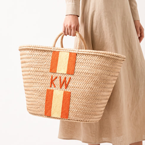Personalized Orange Stripe Straw Beach Bag