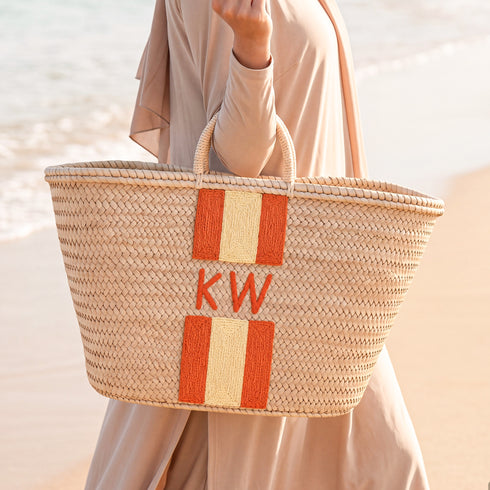 Personalized Orange Stripe Straw Beach Bag