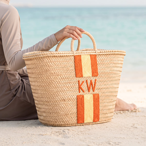 Personalized Straw Beach Bag – Orange Monogram Straw Handle