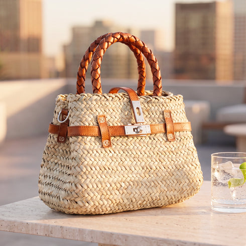 Small luxury Hermès-inspired straw handbag with braided leather handles and secure closure 4