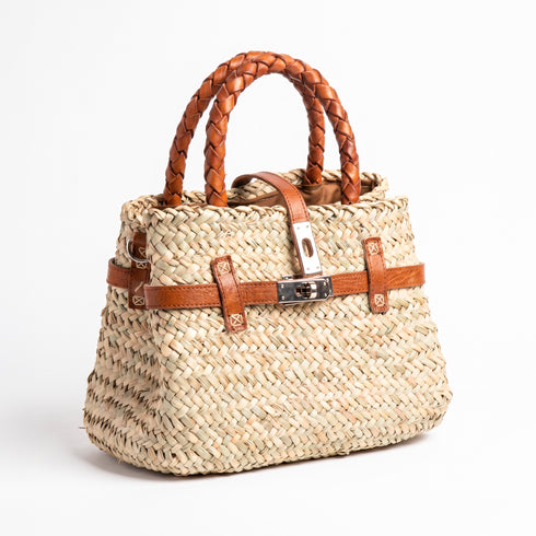 Small luxury Hermès-inspired straw handbag with braided leather handles and secure closure 7