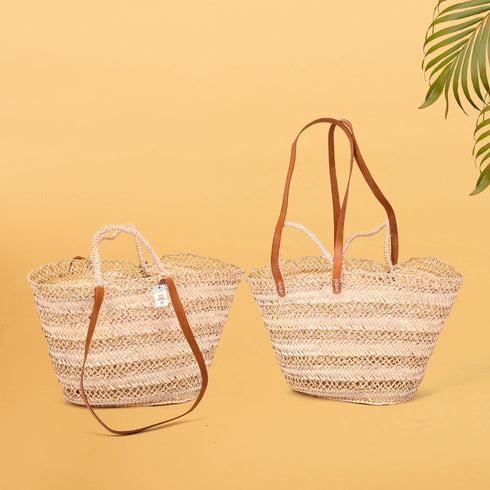 Openwork Palm Straw Basket - Leather Handles, Two Handles