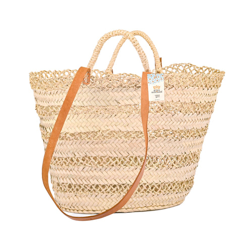 Openwork Palm Straw Basket - Leather Handles, Two Handles