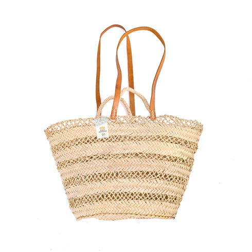 Openwork Palm Straw Basket - Leather Handles, Two Handles