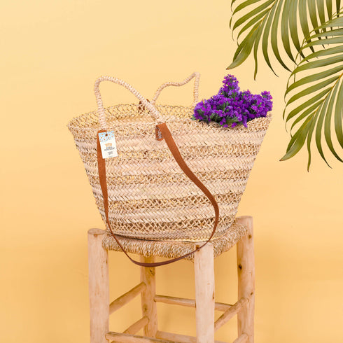 Openwork Palm Straw Basket - Leather Handles, Two Handles