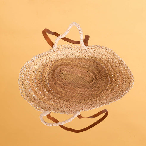 Openwork Palm Straw Basket - Leather Handles, Two Handles