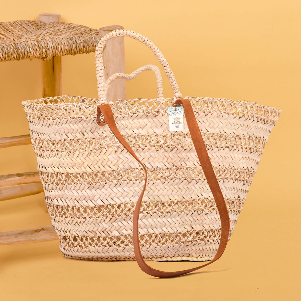 Open-Weave Straw Basket – Moroccan Tote, Leather Strap