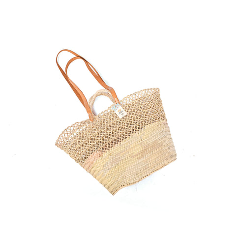 Openwork Palm Straw Basket with Leather Handles