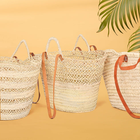 Openwork Palm Straw Basket with Leather Handles