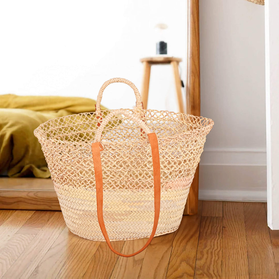 Open-Weave Straw Basket Bag – Long Leather Straps