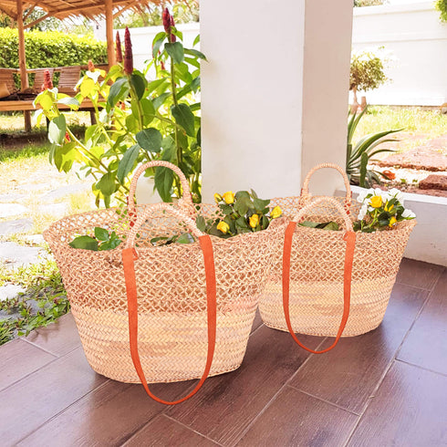 Openwork Palm Straw Basket with Leather Handles