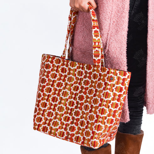 Orange Moroccan Brocade Shoulder Bag - Authentic Linen Tote 🍁