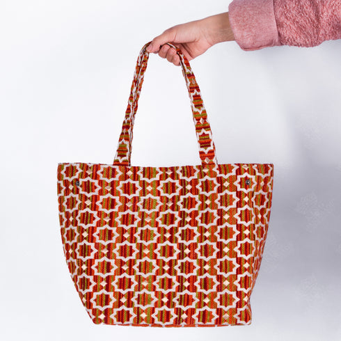 Orange Moroccan Brocade Shoulder Bag - Authentic Linen Tote 🍁